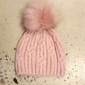 Express women's pink winter beanie hat with pom pom top